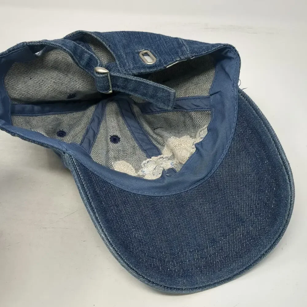 Blue Baseball Cap One Size Denim Floral Embroidered Flower Adjustable Strap Hat